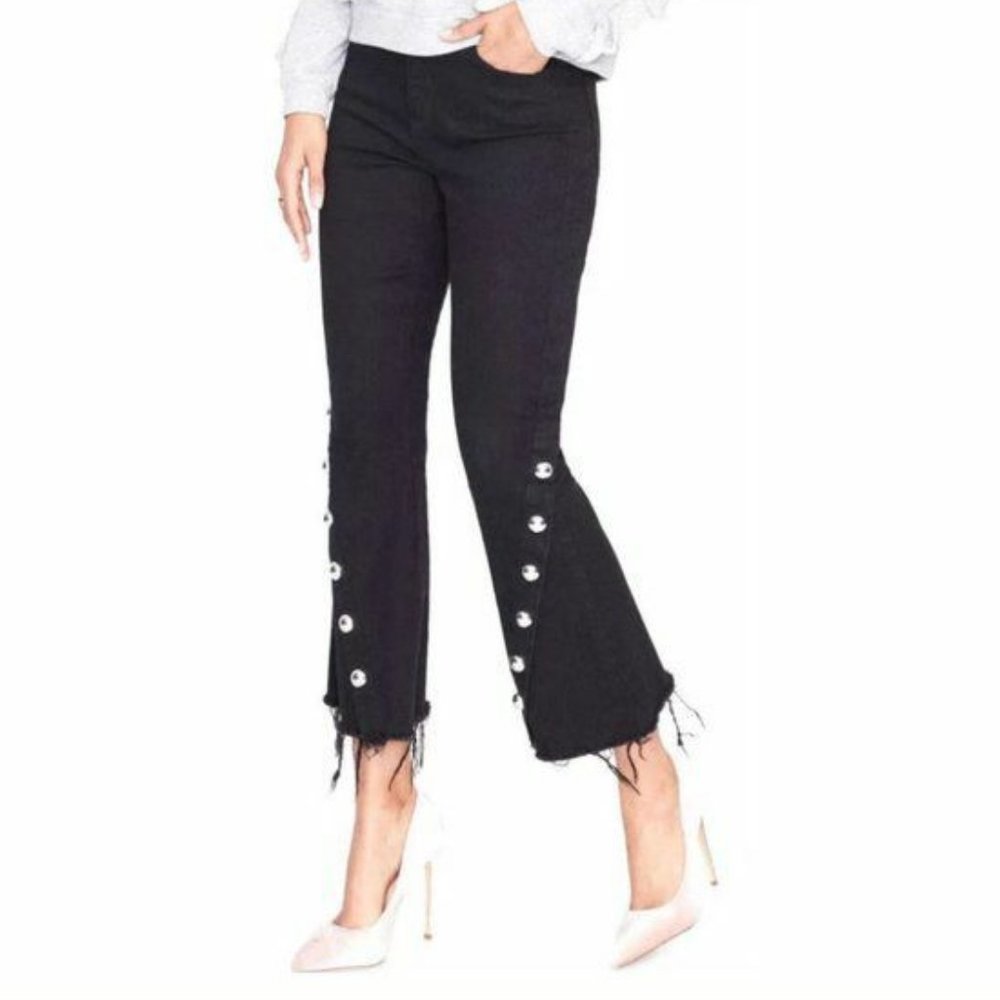 RACHEL Rachel Roy Black Denim Dolly Mid Rise Snap Frayed Crop Flare Leg Jeans